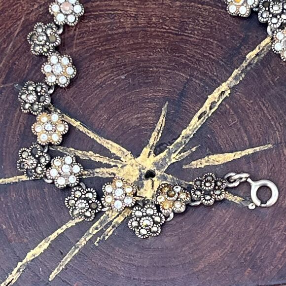 Marcasite Floral Link Bracelet in Sterling Silver Jewelry Gift - Picture 3 of 9